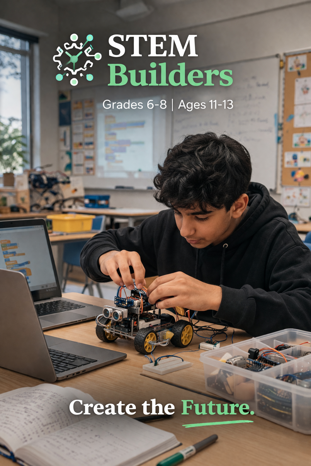 Grade 6 to 8 students working on robotics projects at Horizon STEM Lab Mississauga